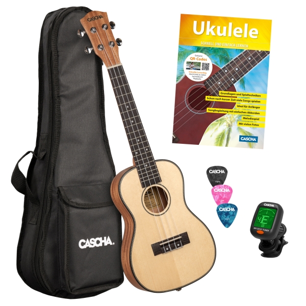 Cascha Solid Top Konzert-Ukulele Bundle -  massive fichtendecke - inkl. Gigbag, 3 Plektren, Stimmgerät und Lernheft